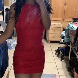 Red halter mini dress